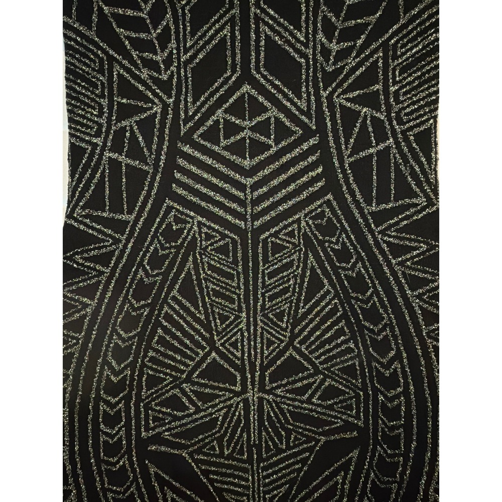 RVN Abstract Jacquard Mini Dress Black Silver Metallic V-Neck Bodycon Small - Picture 6 of 11
